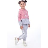 Toontoy Kız Çocuk 2'li Takım Kapüşonlu Cepli Sweatshirt & Beli Paçası Lastikli Jogger Eşofman Altı - Renk Bloklu & Bant Detaylı & 2 Iplik - Gül Kurusu - 8