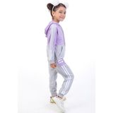 Toontoy Kız Çocuk 2'li Takım Kapüşonlu Cepli Sweatshirt & Beli Paçası Lastikli Jogger Eşofman Altı - Renk Bloklu & Bant Detaylı & 2 Iplik - Lila - 7