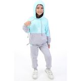 Toontoy Kız Çocuk 2'li Takım Kapüşonlu Cepli Sweatshirt & Beli Paçası Lastikli Jogger Eşofman Altı - Renk Bloklu & Bant Detaylı & 2 Iplik - Su Yeşili - 5