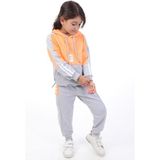 Toontoy Kız Çocuk 2'li Takım Kapüşonlu Cepli Sweatshirt & Beli Paçası Lastikli Jogger Eşofman Altı - Renk Bloklu & Bant Detaylı & 2 Iplik - Turuncu - 6