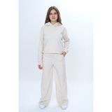Toontoy Kız Çocuk 2'li Takım Kapüşonlu Düşük Omuz Sweatshirt Bol Paça Cepli Eşofman Altı & Kadife - 6 - 7 Yaş - Bej