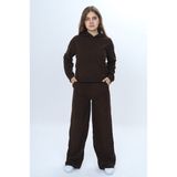 Toontoy Kız Çocuk 2'li Takım Kapüşonlu Düşük Omuz Sweatshirt Bol Paça Cepli Eşofman Altı & Kadife - 6 - 7 Yaş - Kahve