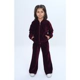 Toontoy Kız Çocuk 2'li Takım Kapüşonlu Fermuarlı Cepli Sweatshirt & Beli Lastikli Bol Paça Eşofman Altı - Kadife - 4 Yaş - Bordo