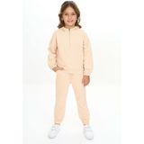Toontoy Kız Çocuk 2'li Takım Kapüşonlu Yarım Fermuarlı Ribanalı Sweatshirt & Beli Paçası Lastikli Jogger Eşofman Altı - 2 Iplik - Bej