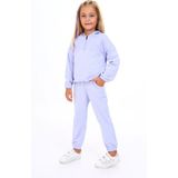 Toontoy Kız Çocuk 2'li Takım Kapüşonlu Yarım Fermuarlı Sweatshirt & Beli Paçası Lastikli Cepli Jogger Eşofman Altı - TK24214 - Açık Lila - 5