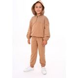 Toontoy Kız Çocuk 2'li Takım Kapüşonlu Yarım Fermuarlı Sweatshirt & Beli Paçası Lastikli Cepli Jogger Eşofman Altı - TK24214 - Kahverengi - 5