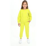 Toontoy Kız Çocuk 2'li Takım Nakış Baskılı Bisiklet Yaka Cepli Sweatshirt & Beli Paçası Lastikli Cepli Jogger Eşofman Altı - 2 Iplik - Açık Yeşil