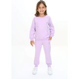 Toontoy Kız Çocuk 2'li Takım Nakış Baskılı Bisiklet Yaka Cepli Sweatshirt & Beli Paçası Lastikli Cepli Jogger Eşofman Altı - 2 Iplik - Lila