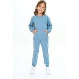 Toontoy Kız Çocuk 2'li Takım Nakış Baskılı Bisiklet Yaka Cepli Sweatshirt & Beli Paçası Lastikli Cepli Jogger Eşofman Altı - 2 Iplik - Mavi - 5