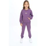 Toontoy Kız Çocuk 2'li Takım Nakış Baskılı Bisiklet Yaka Cepli Sweatshirt & Beli Paçası Ribanalı Jogger Eşofman Altı - 2 Iplik - Mor - 3