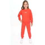 Toontoy Kız Çocuk 2'li Takım Nakış Baskılı Bisiklet Yaka Cepli Sweatshirt & Beli Paçası Ribanalı Jogger Eşofman Altı - 2 Iplik - Nar Çiçeği - 5