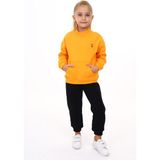 Toontoy Kız Çocuk 2'li Takım Nakış Baskılı Dik Yaka Cepli Sweatshirt & Beli Paçası Lastikli Jogger Eşofman Altı - Renk Bloklu & 3 Iplik Şardonlu - Hardal