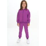 Toontoy Kız Çocuk 2'li Takım Nakış Baskılı Dik Yaka Fermuarlı Sweatshirt & Beli Paçası Ribanalı Cepli Jogger Eşofman Altı - Nervürlü & 2 Iplik - Mor - 5