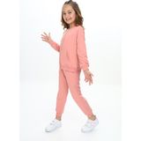 Toontoy Kız Çocuk 2'li Takım Nakış Baskılı Kolej Yaka Fermuarlı Cepli Sweatshirt & Beli Paçası Ribanalı Jogger Eşofman Altı - 2 Iplik - Mercan - 6