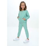Toontoy Kız Çocuk 2'li Takım Nakış Baskılı Kolej Yaka Fermuarlı Cepli Sweatshirt & Beli Paçası Ribanalı Jogger Eşofman Altı - 2 Iplik - Yeşil - 4