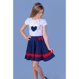 Toontoy Kız Çocuk 2'li Takım Pul Işlemeli Bisiklet Yaka T-Shirt & Bantlı Fiyonklu Volanlı Etek - Lacivert - 10 Yaş