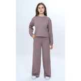 Toontoy Kız Çocuk 2'li Takım Taş Işlemeli Bisiklet Yaka Sweatshirt & Beli Lastikli Bol Paça Cepli Eşofman Altı - 12 Yaş - Acı Kahve
