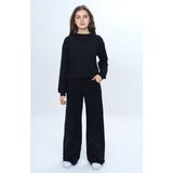 Toontoy Kız Çocuk 2'li Takım Taş Işlemeli Bisiklet Yaka Sweatshirt & Beli Lastikli Bol Paça Cepli Eşofman Altı - 12 Yaş - Siyah