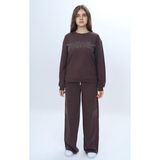 Toontoy Kız Çocuk 2'li Takım Taş Işlemeli & Bisiklet Yaka Sweatshirt & Bol Paça Cepli Eşofman Altı - 8 Yaş - Kahve