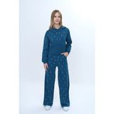 Toontoy Kız Çocuk 2'li Takım Taş Işlemeli Kapüşonlu Sweatshirt & Beli Lastikli Bol Paça Cepli Eşofman Altı - 10 Yaş - Petrol - Mavi