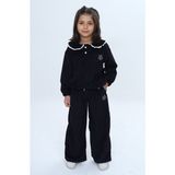 Toontoy Kız Çocuk 2'li Takım Yakası Güpürlü Nakışlı Sweatshirt & Beli Lastikli Bol Paça Eşofman Altı - Düğüme Detaylı & Kadife - 4 Yaş - Siyah
