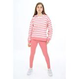 Toontoy Kız Çocuk 3'Lü Takım Çizgili Kapüşonlu Düşük Omuz Çıtçıtlı Sweatshirt & Basic Düz Tayt