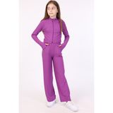 Toontoy Kız Çocuk 3'lü Takım Dik Yaka Fermuarlı Sweatshirt & Bisiklet Yaka Atlet & Beli Lastikli Bol Paça Eşofman Altı - Fitilli - Mor - 8 - 9 Yaş