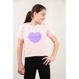 Toontoy Kız Çocuk Baskılı Asimetrik Yaka Kısa Kollu Tişört - Pudra - 8 - 9 Yaş