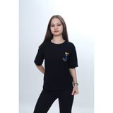 Toontoy Kız Çocuk Baskılı Bisiklet Yaka Düşük Omuz Kısa Kollu Tişört 24974 - Siyah - 8 - 9 Yaş