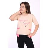Toontoy Kız Çocuk Baskılı Bisiklet Yaka Kısa Kollu Asimetrik Tişört - Bej - 6 - 7 Yaş
