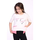 Toontoy Kız Çocuk Baskılı Bisiklet Yaka Kısa Kollu Asimetrik Tişört - Ekru - 8 - 9 Yaş