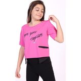 Toontoy Kız Çocuk Baskılı Bisiklet Yaka Kısa Kollu Asimetrik Tişört - Fuşya - 10 - 11 Yaş