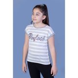 Toontoy Kız Çocuk Baskılı Bisiklet Yaka Kısa Kollu Çizgili Tişört - Ekru - 14