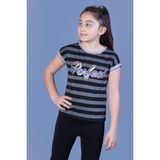 Toontoy Kız Çocuk Baskılı Bisiklet Yaka Kısa Kollu Çizgili Tişört - Siyah - 12