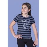 Toontoy Kız Çocuk Baskılı Bisiklet Yaka Kısa Kollu Fermuarlı Piliseli Çizgili Tişört - Lacivert - 12