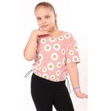 Toontoy Kız Çocuk Baskılı Bisiklet Yaka Kısa Kollu Tişört - Beli Ayarlanabilir - Mercan - 8 - 9 Yaş