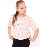 Toontoy Kız Çocuk Baskılı Bisiklet Yaka Kısa Kollu Tişört - Beli Ayarlanabilir - Pudra - 10 - 11 Yaş