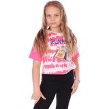 Toontoy Kız Çocuk Baskılı Bisiklet Yaka Kısa Kollu Tişört - Fuşya - 8 - 9 Yaş
