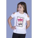 Toontoy Kız Çocuk Baskılı Bisiklet Yaka Kısa Kollu Tişört - Omuzları Açık - Beyaz - 8
