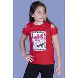 Toontoy Kız Çocuk Baskılı Bisiklet Yaka Kısa Kollu Tişört - Omuzları Açık - Kırmızı - 8