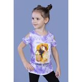 Toontoy Kız Çocuk Baskılı Bisiklet Yaka Kısa Kollu Tişört - Omuzları Açık - Lila - 5