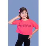 Toontoy Kız Çocuk Baskılı Düşük Kol Crop Tişört Fuşya 10 YAŞ
