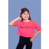 Toontoy Kız Çocuk Baskılı Düşük Kol Crop Tişört Fuşya 14 YAŞ