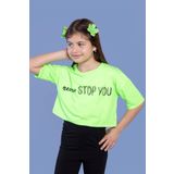 Toontoy Kız Çocuk Baskılı Düşük Kol Crop Tişört Neon Yeşil 10 YAŞ