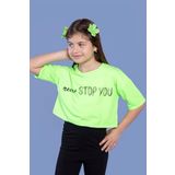 Toontoy Kız Çocuk Baskılı Düşük Kol Crop Tişört Neon Yeşil 8 YAŞ