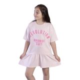 Toontoy Kız Çocuk Baskılı Eteği Büzgülü Düşük Kol Elbise Pudra 10 YAŞ