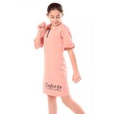 Toontoy Kız Çocuk Baskılı Regular Fit Gömlek Yaka Fermuarlı Kısa Kollu Elbise - Yırtmaç Detaylı &