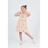 Toontoy Kız Çocuk Baskılı Relax Fit Bisiklet Yaka Kısa Kollu Elbise - - 6 - Bej