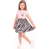 Toontoy Kız Çocuk Baskılı Relax Fit Bisiklet Yaka Kısa Kollu Elbise - Renk Bloklu - 2 Yaş - Pembe