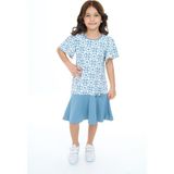 Toontoy Kız Çocuk Baskılı Relax Fit Bisiklet Yaka Kısa Kollu Elbise - Renk Bloklu & - 5 - Mavi